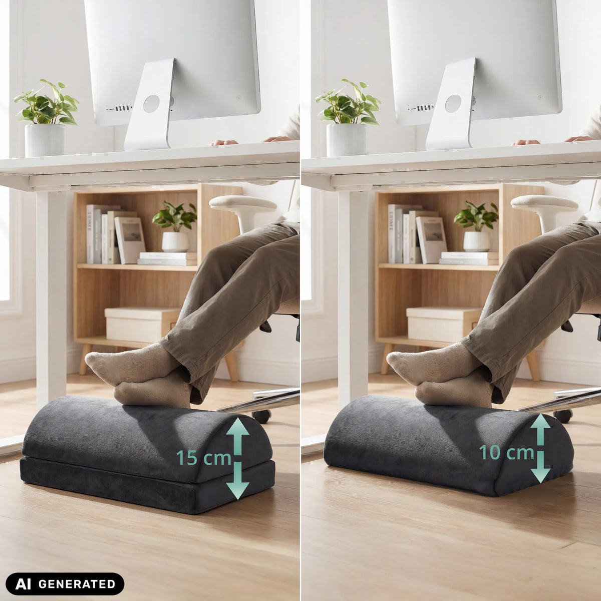 Height comparison of the Podi Velvet 1 footrest with 10 cm and 15 cm by hjh OFFICE (AI-generated image)