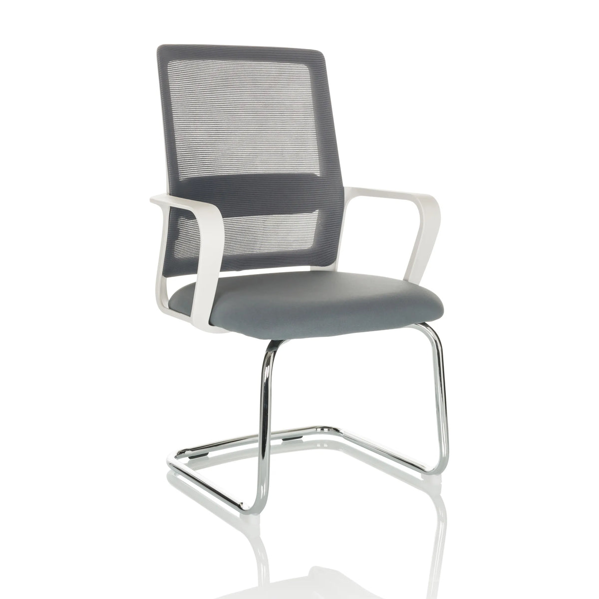 Grey Cantilever chair VISITER W with mesh back, armrests and chrome frame by hjh OFFICE – 360-degree view (front three-quarter view 30°)