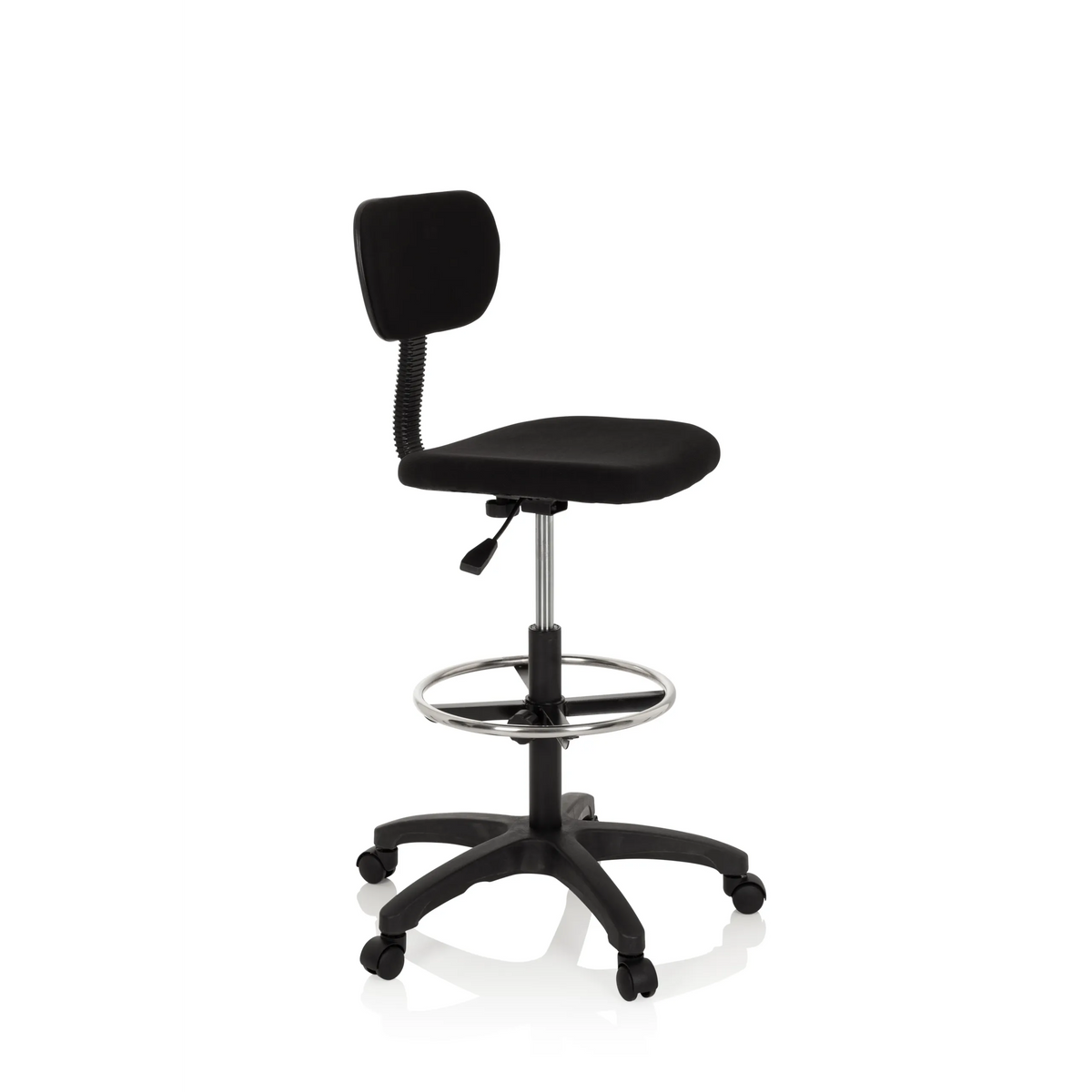 Black Counter chair TOP WORK 05 with foot ring and five-caster base by hjh OFFICE – 360-degree view (front three-quarter view 60°)