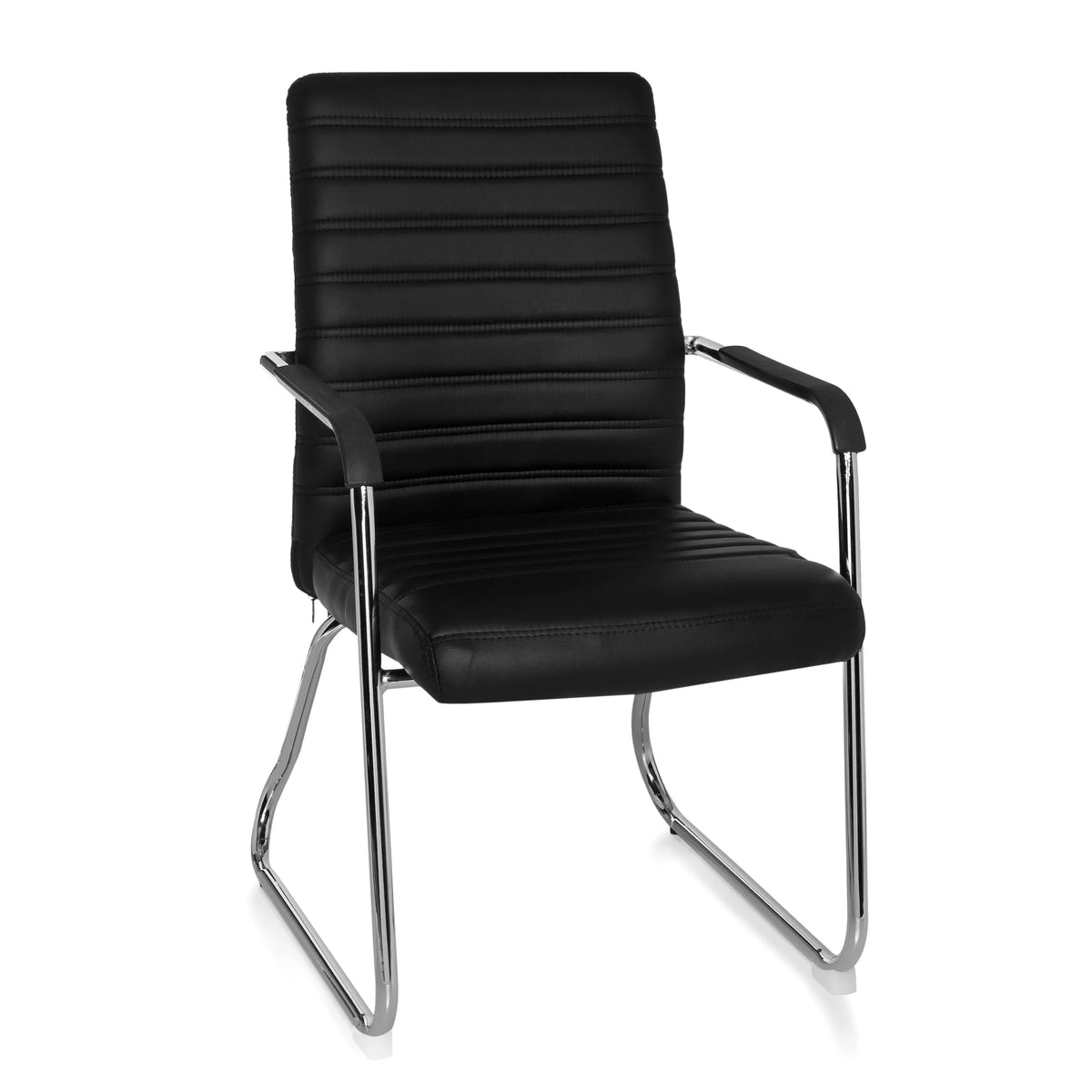 Black guest chair STEEL V with horizontal stitching and sled base by hjh OFFICE – 360-degree view (front view 20°)