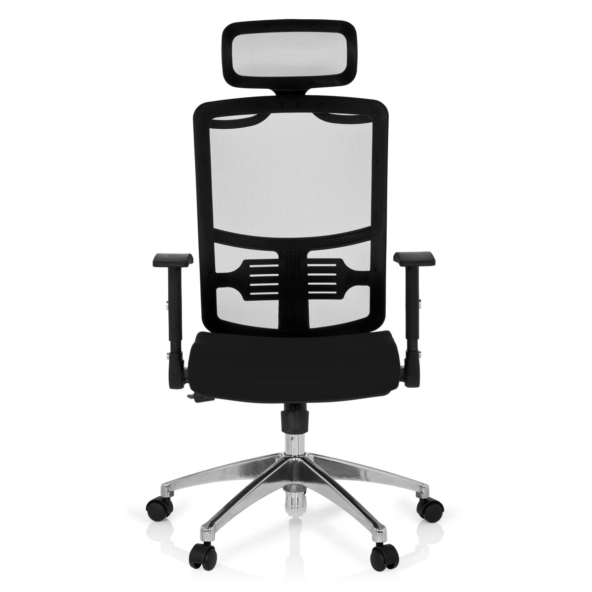 Black Professional Office Chair CAYEN with mesh back, headrest and five-caster base by hjh OFFICE – 360-degree view (front view 0°)