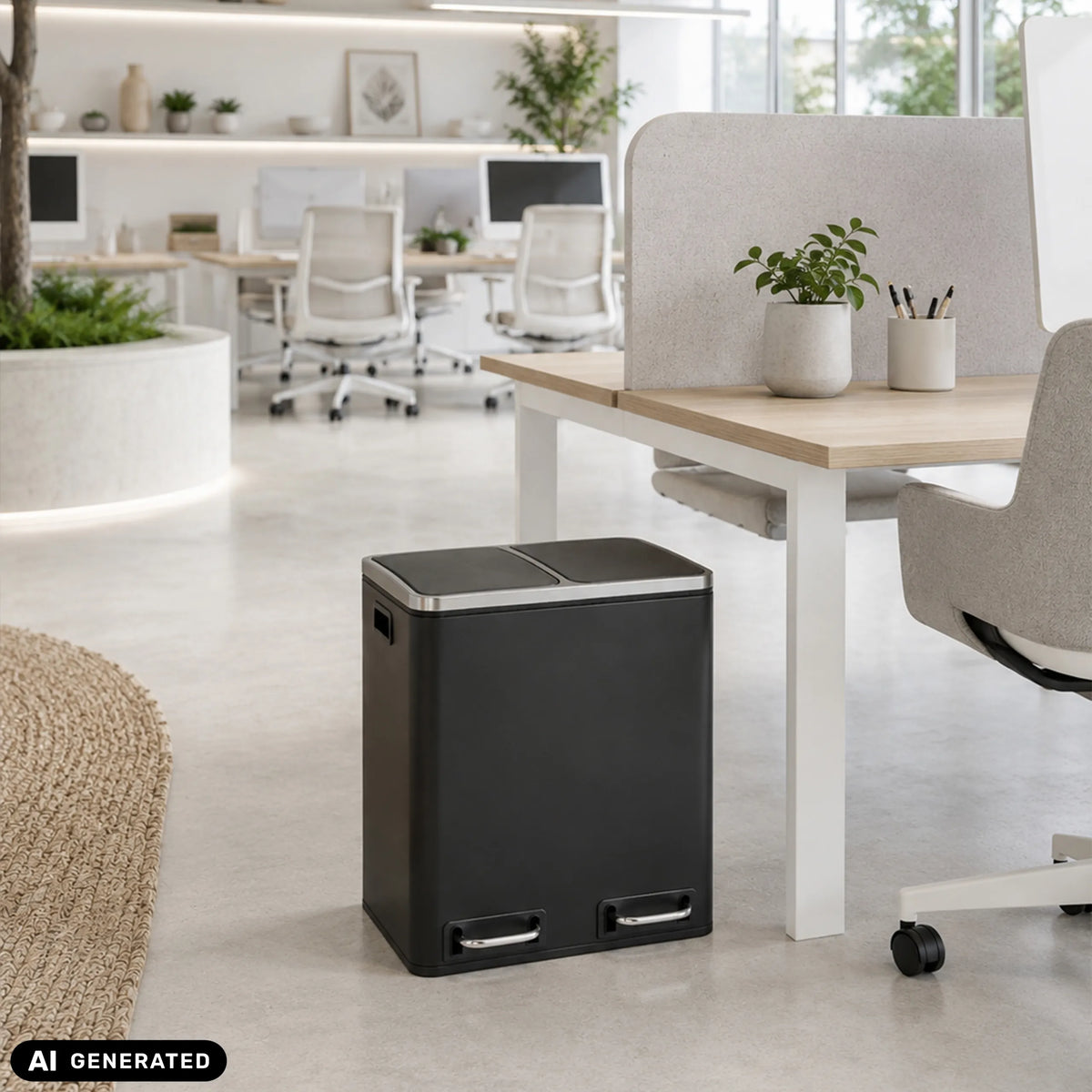 Black Clean 9 wastepaper bin with two compartments in the office by hjh OFFICE (AI-generated image)