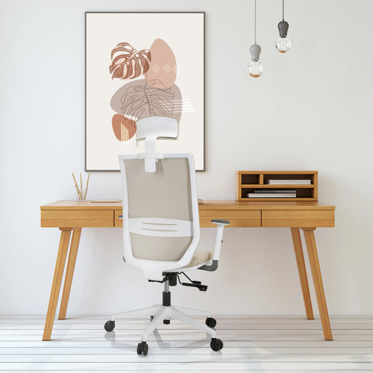 Beige Professional Office Chair PROFONDO PRO W with headrest and armrests in front of a desk by hjh OFFICE