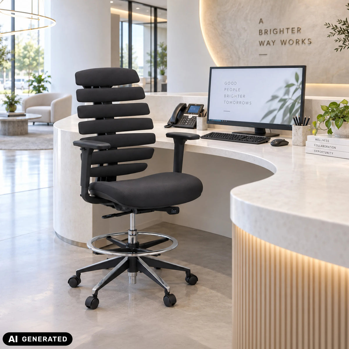 Black ERGO LINE II WORK counter chair with fabric upholstery, foot ring and five castors by hjh OFFICE