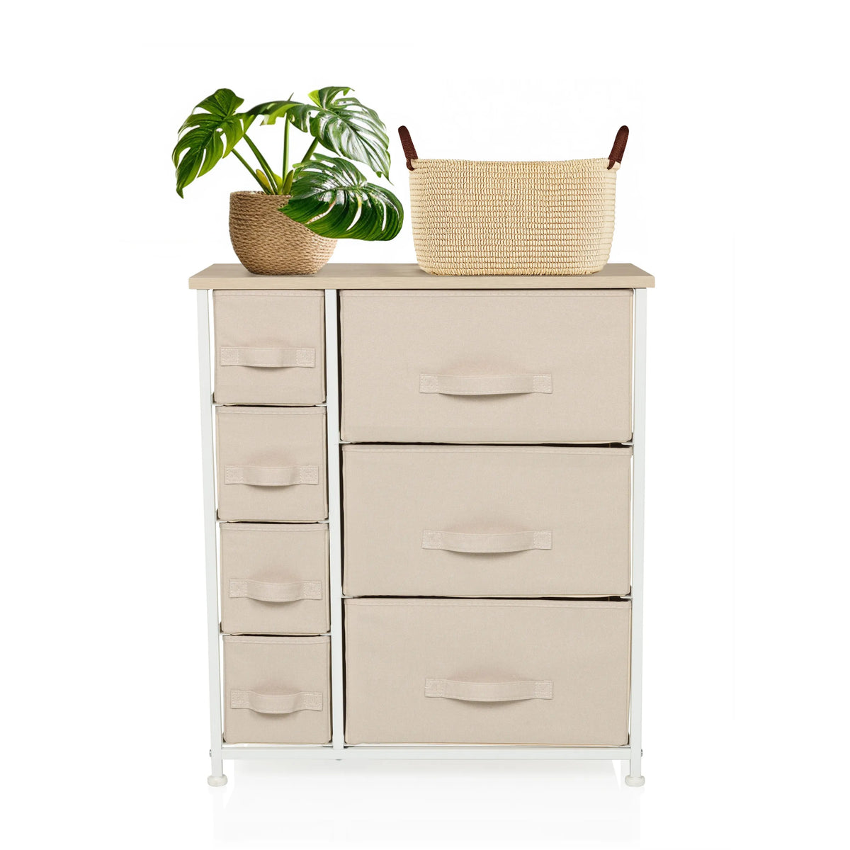 Beige Chest of drawers FOLDRESS B with seven fabric drawers and a white frame by hjh LIVING