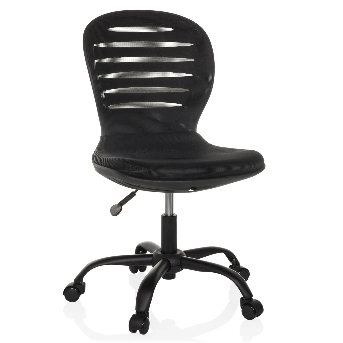 Black Home Office Chair CASLA with mesh back and five-caster base by hjh OFFICE – 360-degree view (front view 15°)