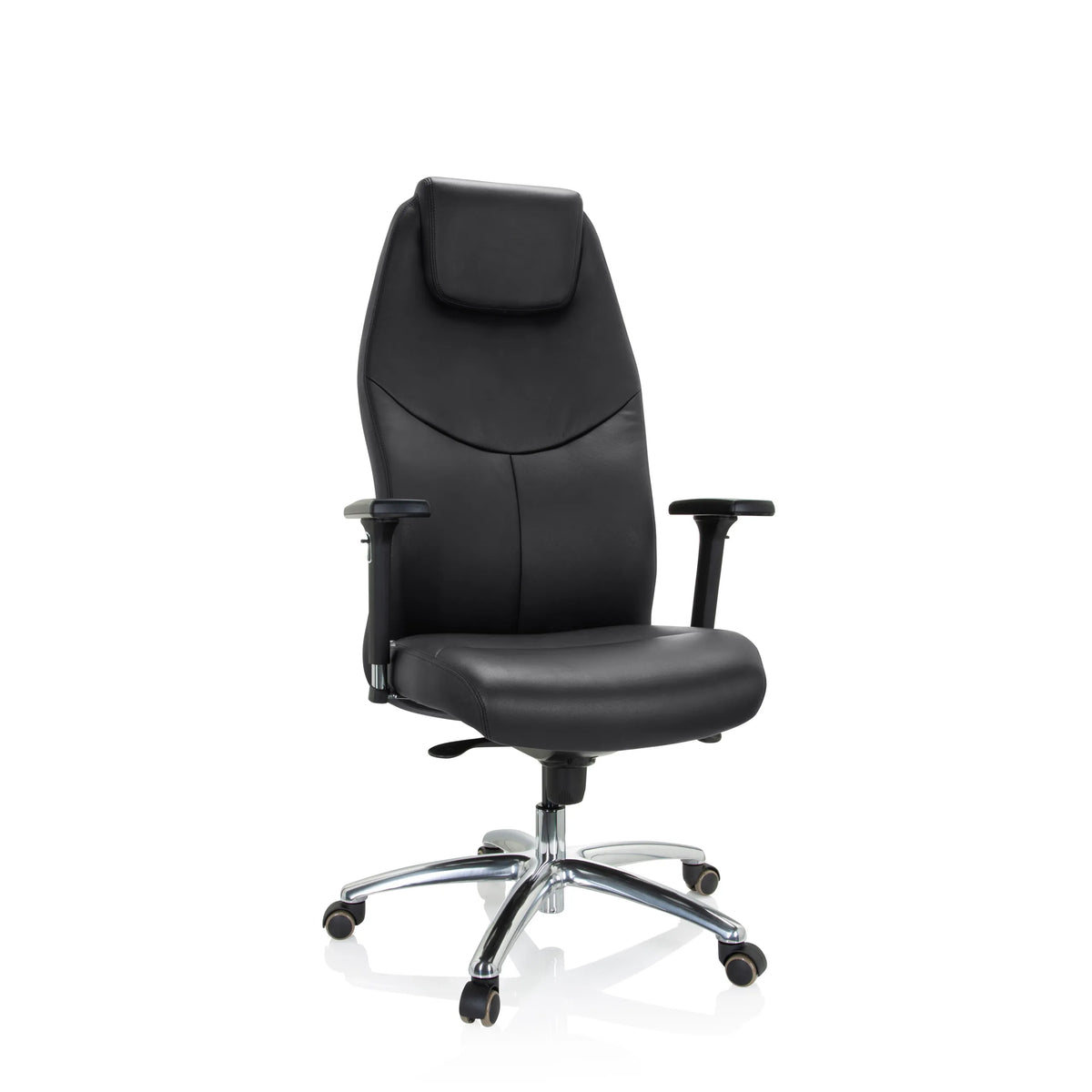 Black Professional Executive Chair FERRARA with integrated headrest and five-caster base by hjh OFFICE – 360-degree view (front view 20°)
