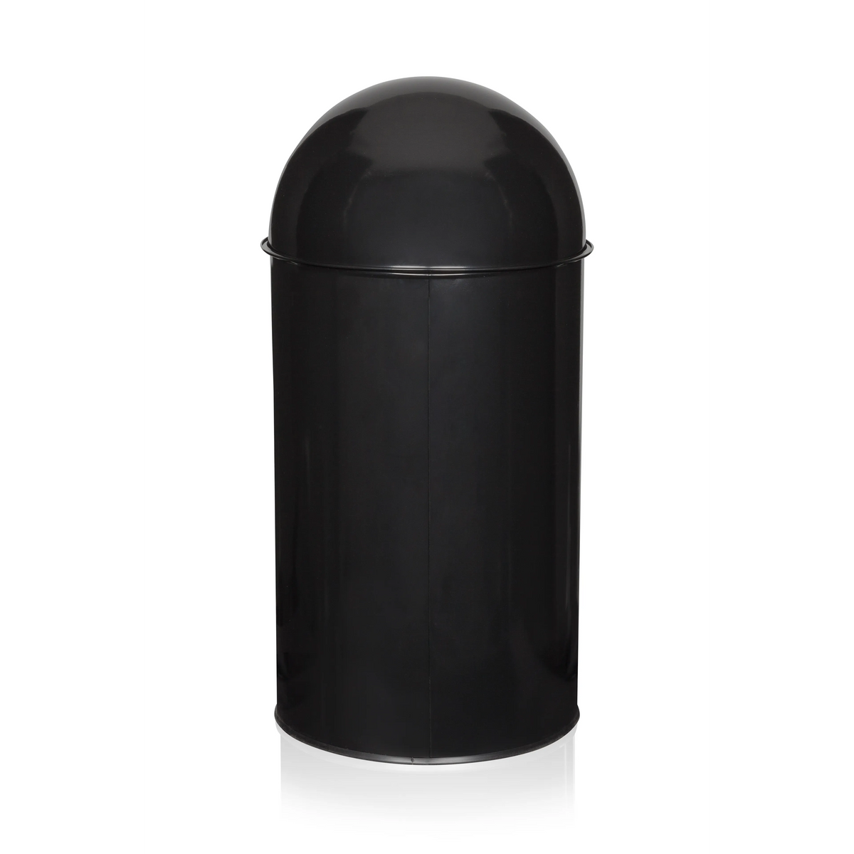 Schwarzer Mülleimer PUSH 50L mit silberfarbenem Deckeleinsatz von hjh OFFICE – 360-Grad-Ansicht (schräge Rückenansicht 240°)