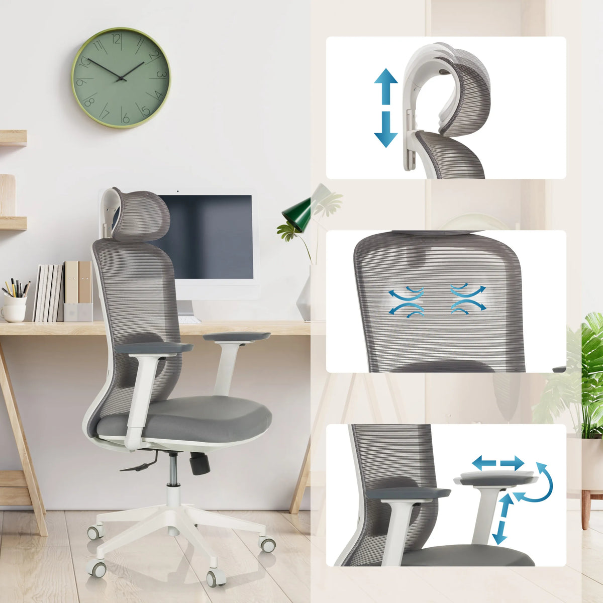 Professional Office Chair MIKEO G in grey with adjustable headrest, armrests and mesh back by hjh OFFICE