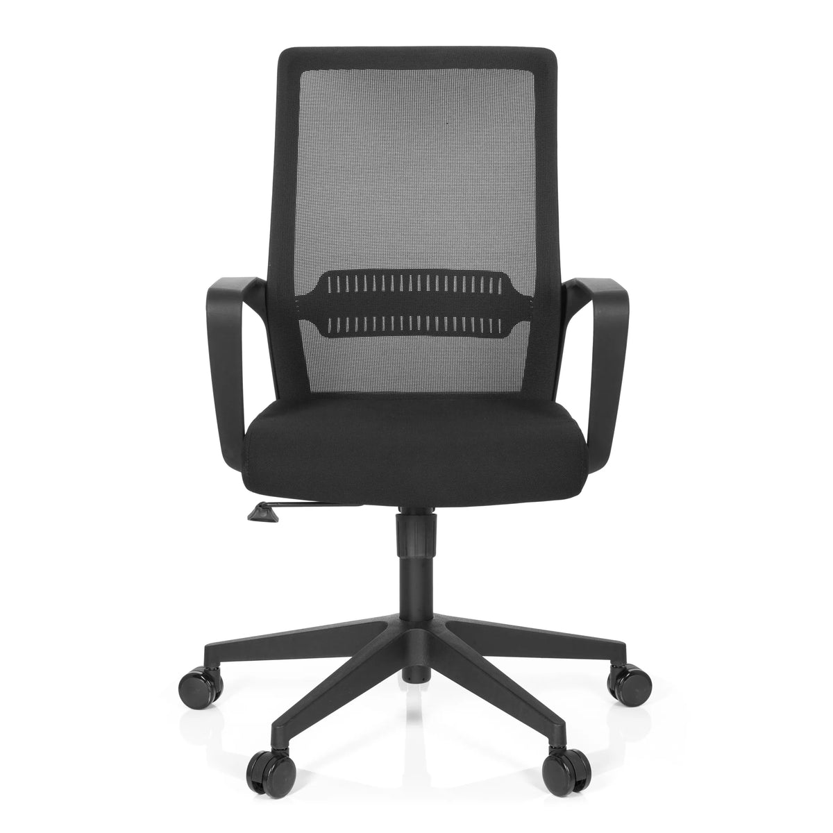 Black Home Office Chair PRESTON with mesh back and five-caster base by hjh OFFICE – 360-degree view (front view 0°)
