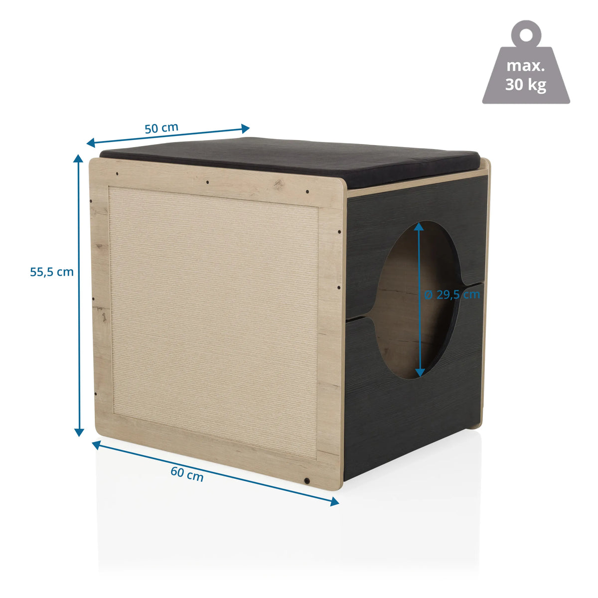 Dimensional view of the Cat house KITTY PAWBOX 2 with a height of 55.5 cm and width of 60 cm by hjh LIVING
