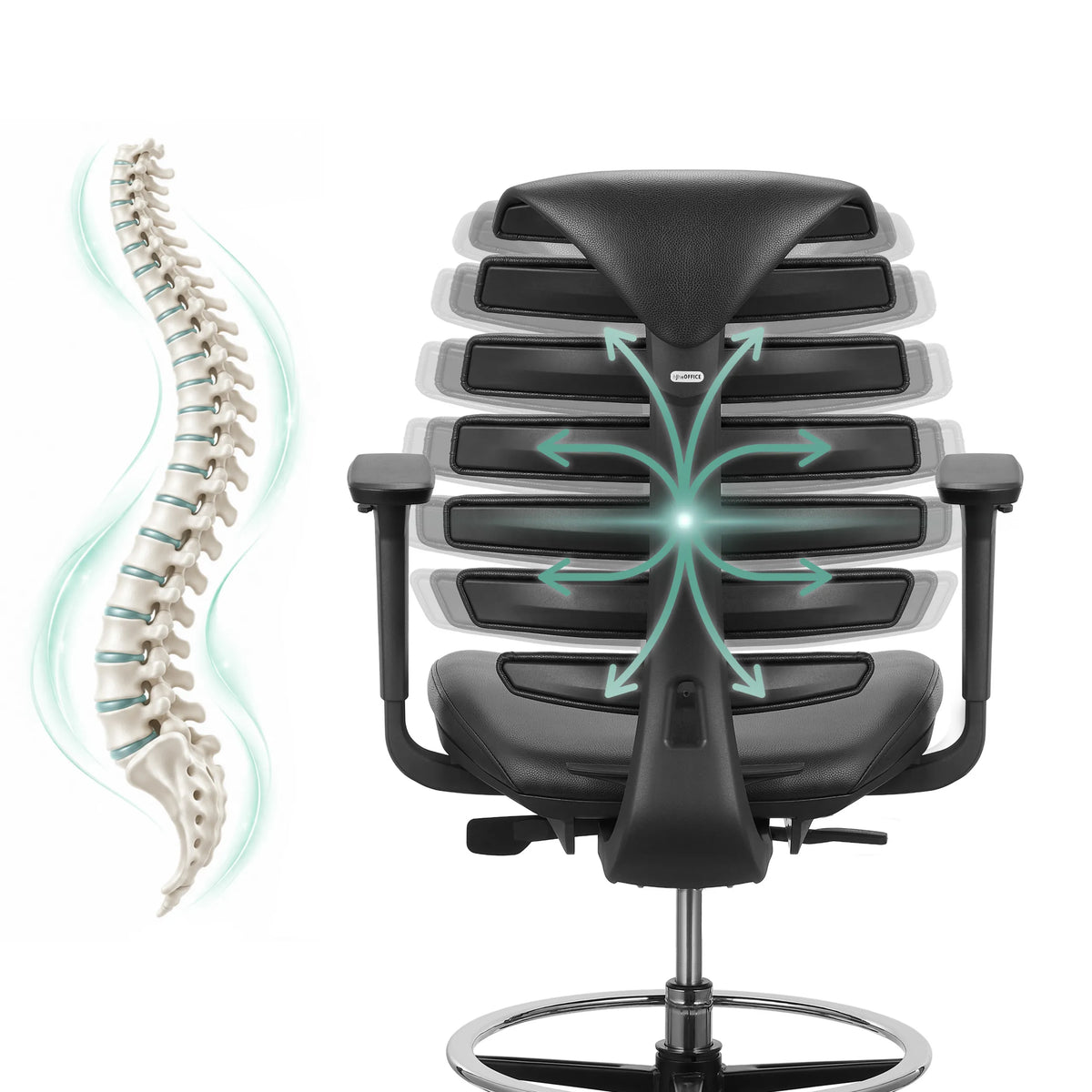 Backrest of the ERGO LINE II WORK counter chair in black with a schematic representation of the spine by hjh OFFICE