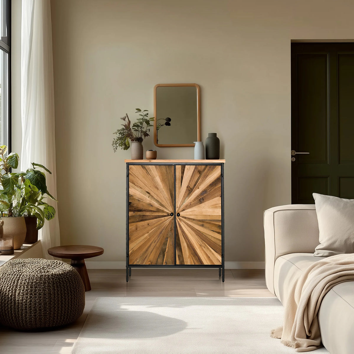 SANTJAGO BLACK SUN XL chest of drawers in dark wood colours with a radial pattern on the fronts by hjh LIVING