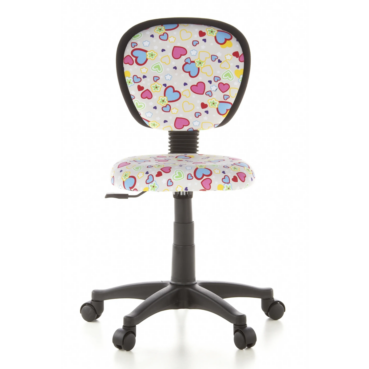 Swivel Chair – Children KIDDY TOP with colourful heart and flower pattern and five-caster base by hjh OFFICE – 360-degree view (front view 0°)