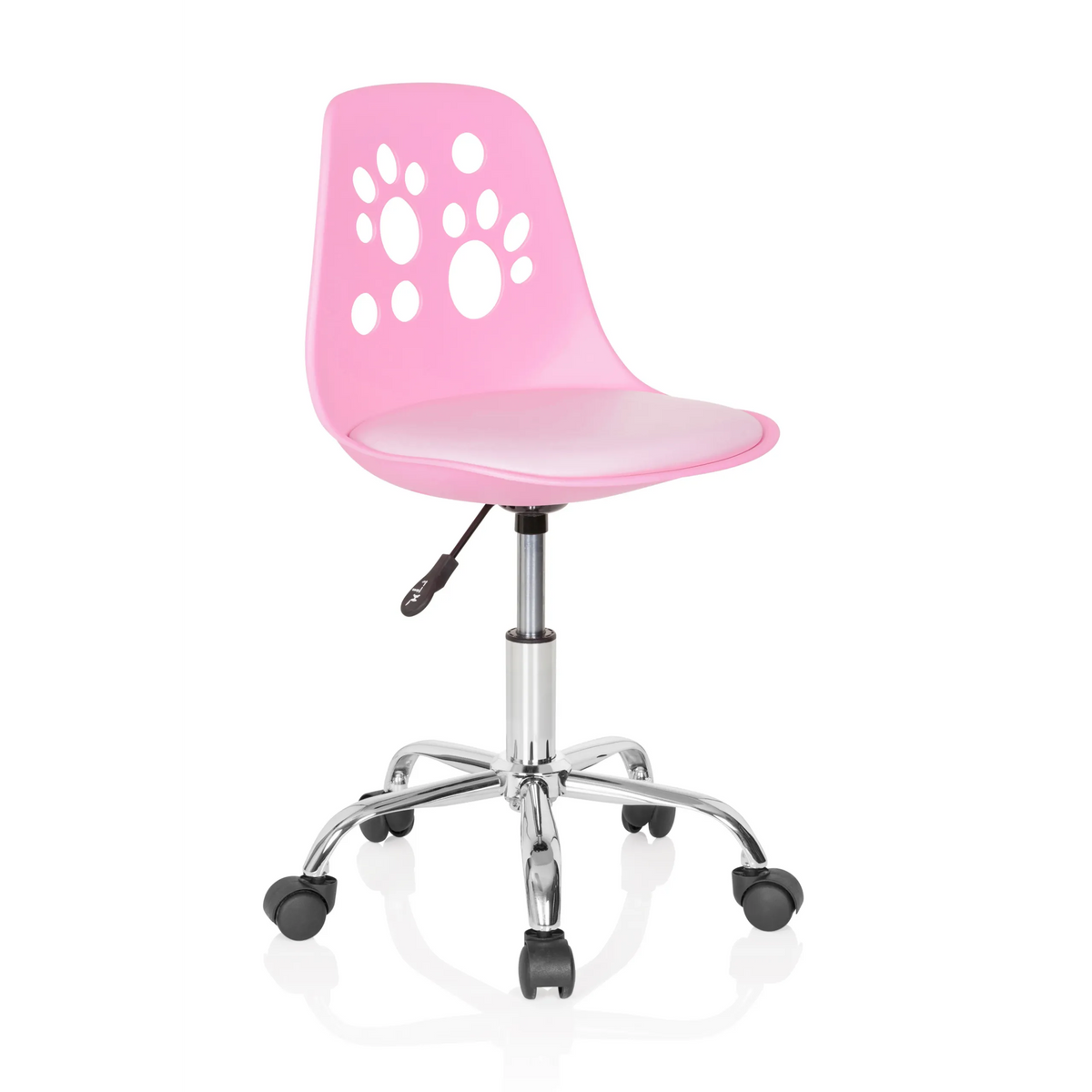 Pink Swivel Chair – Children FANCY I with paw prints on the backrest and a five-caster base by hjh OFFICE – 360-degree view (front three-quarter view 40°)