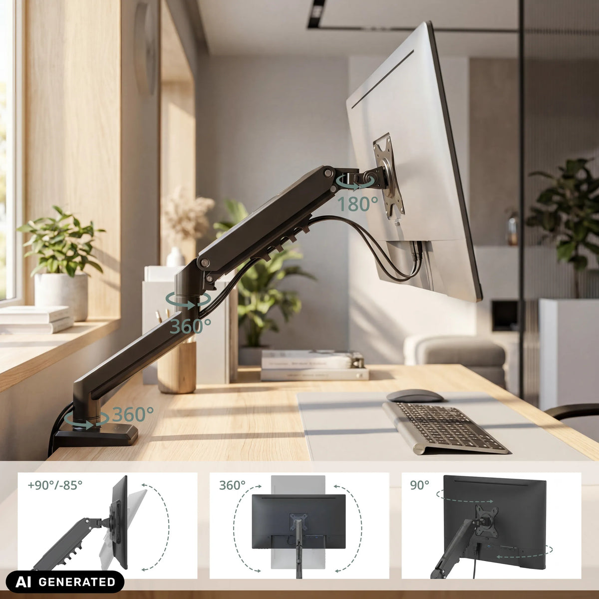 Adjustment ranges of the Ergomount GF1 monitor mount in black by hjh OFFICE (AI-generated image)