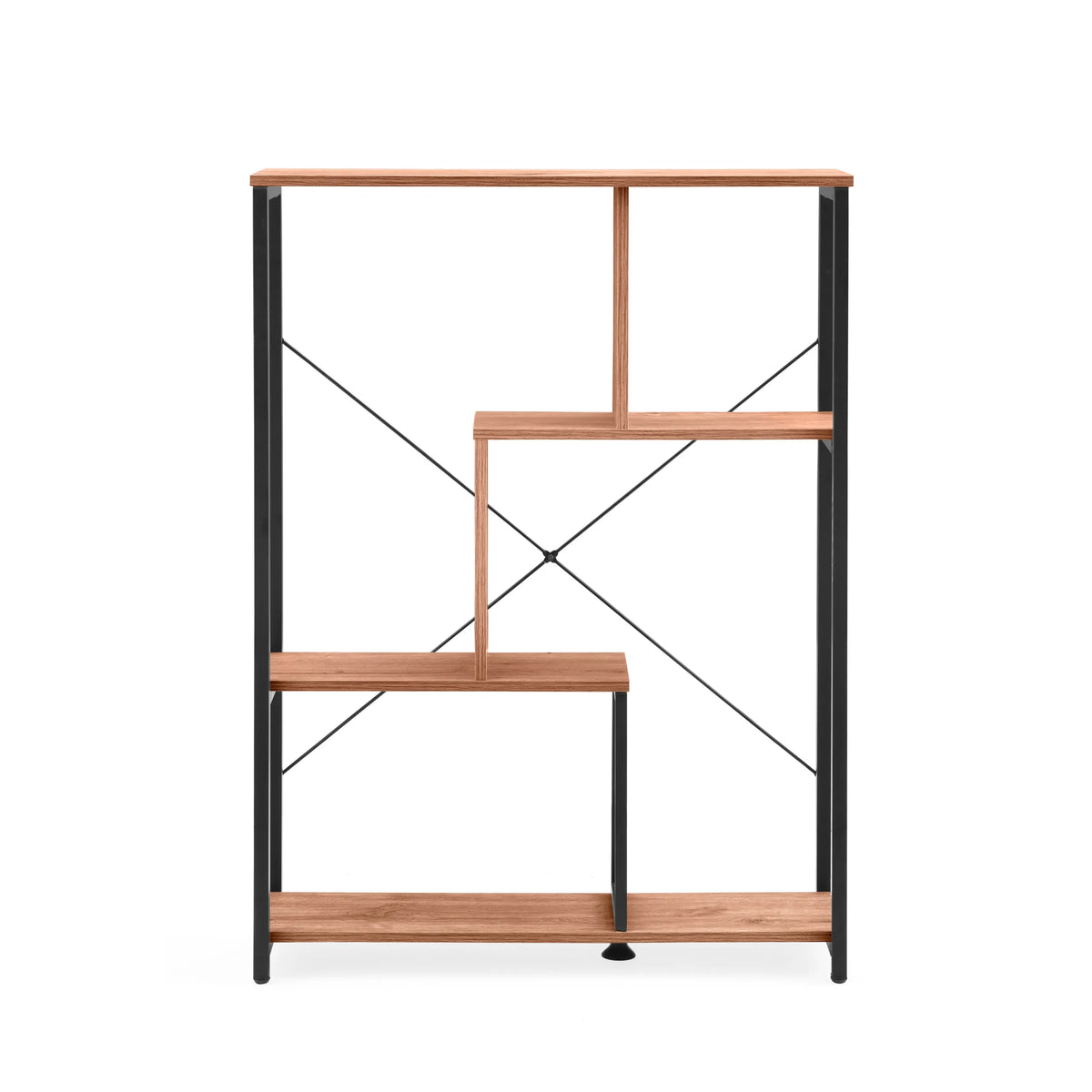 Shelf Kalag Eco in black and oak with asymmetrical shelves and cross struts by hjh LIVING – 360-degree view (front view 0°)
