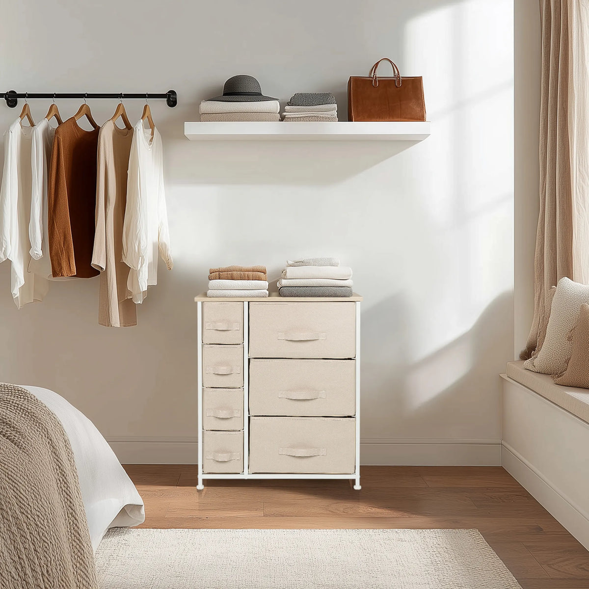 Beige Chest of drawers FOLDRESS B with six fabric drawers and a white frame by hjh LIVING