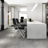 Two black ESTO folding chairs with silver frames at a white desk by hjh OFFICE