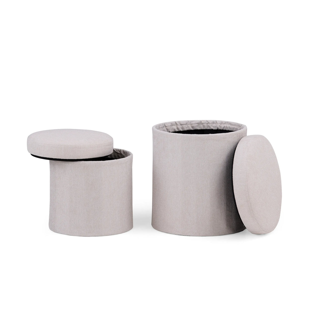 Two cylindrical Nestup 1 side tables with removable padded lids in a light grey tone by hjh LIVING