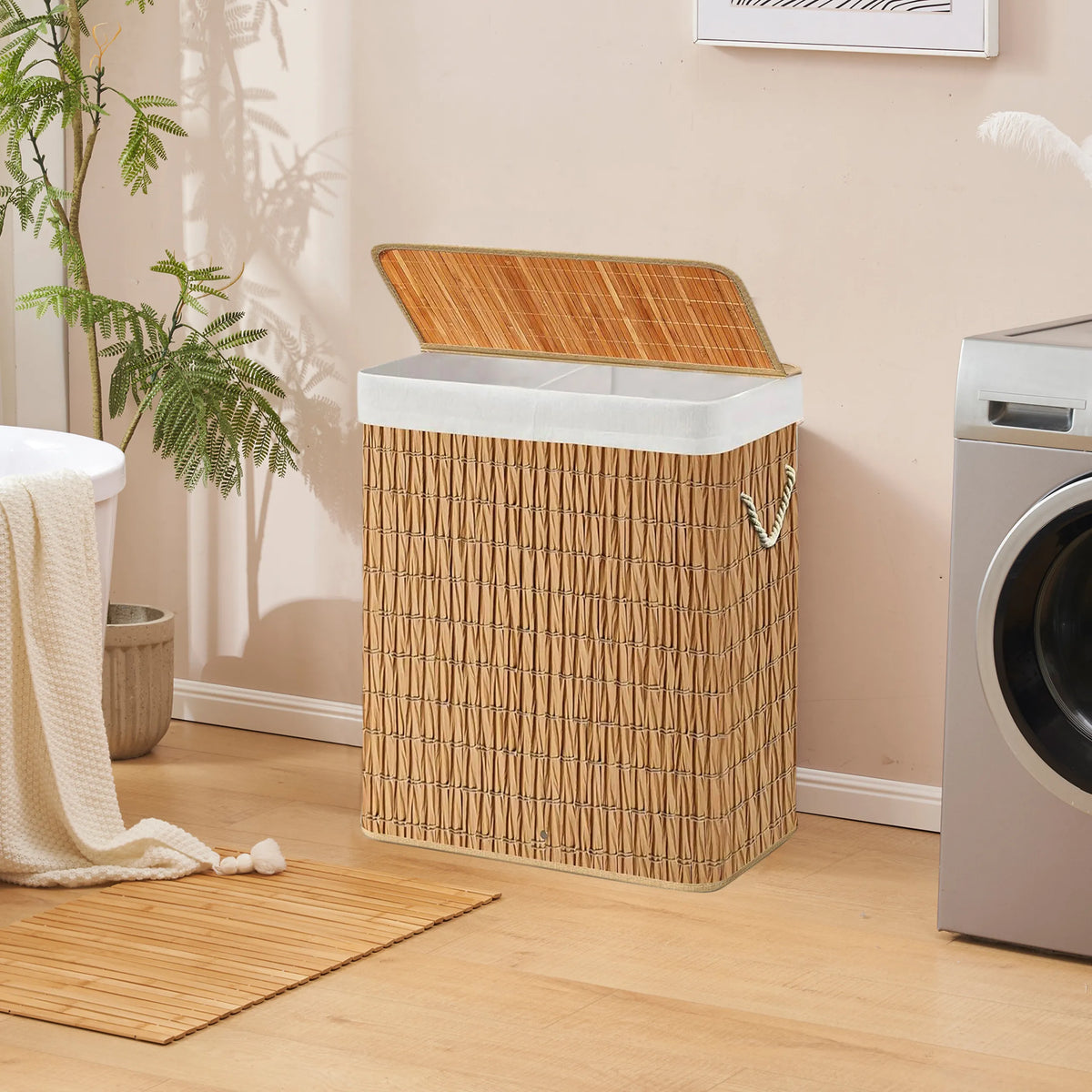 Brown Laundry basket FALSTER XL R with bamboo lid, two compartments and white lining by hjh LIVING