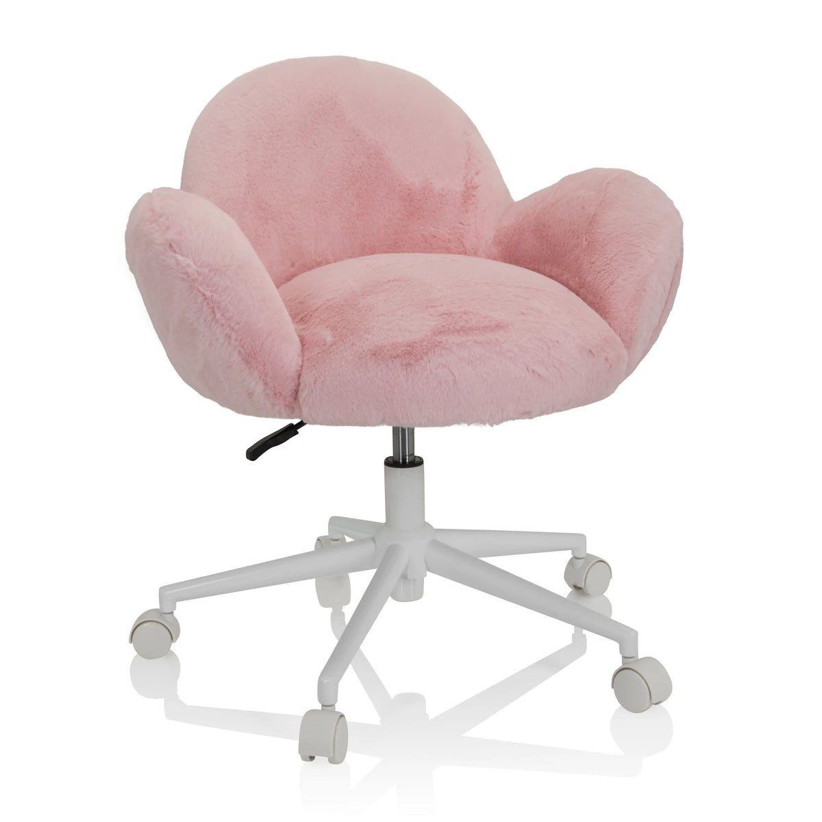 Pink Swivel Chair – Children KID TEDDY with fluffy cover and white five-caster base by hjh OFFICE – 360-degree view (front view 20°)