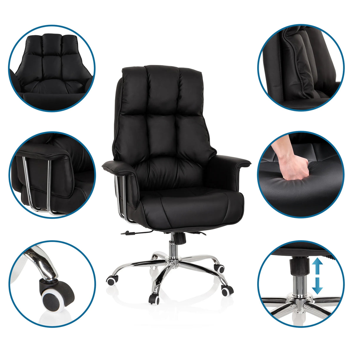 Black Professional Executive Chair COMMANDER with detailed views of the upholstery, armrests and gas spring by hjh OFFICE