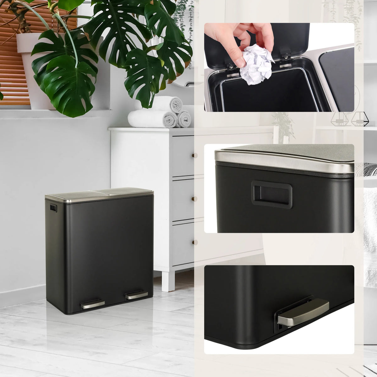 Black wastepaper CLEAN XI with silver lid, handles and opening by hjh OFFICE