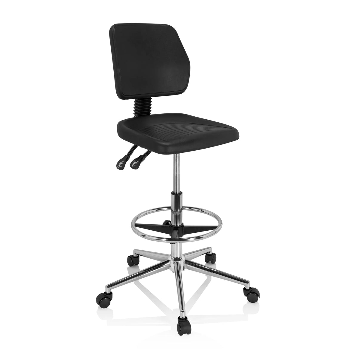 Black Counter chair TOP WORK 11 I with footring and five-caster base by hjh OFFICE – 360-degree view (front three-quarter view 40°)