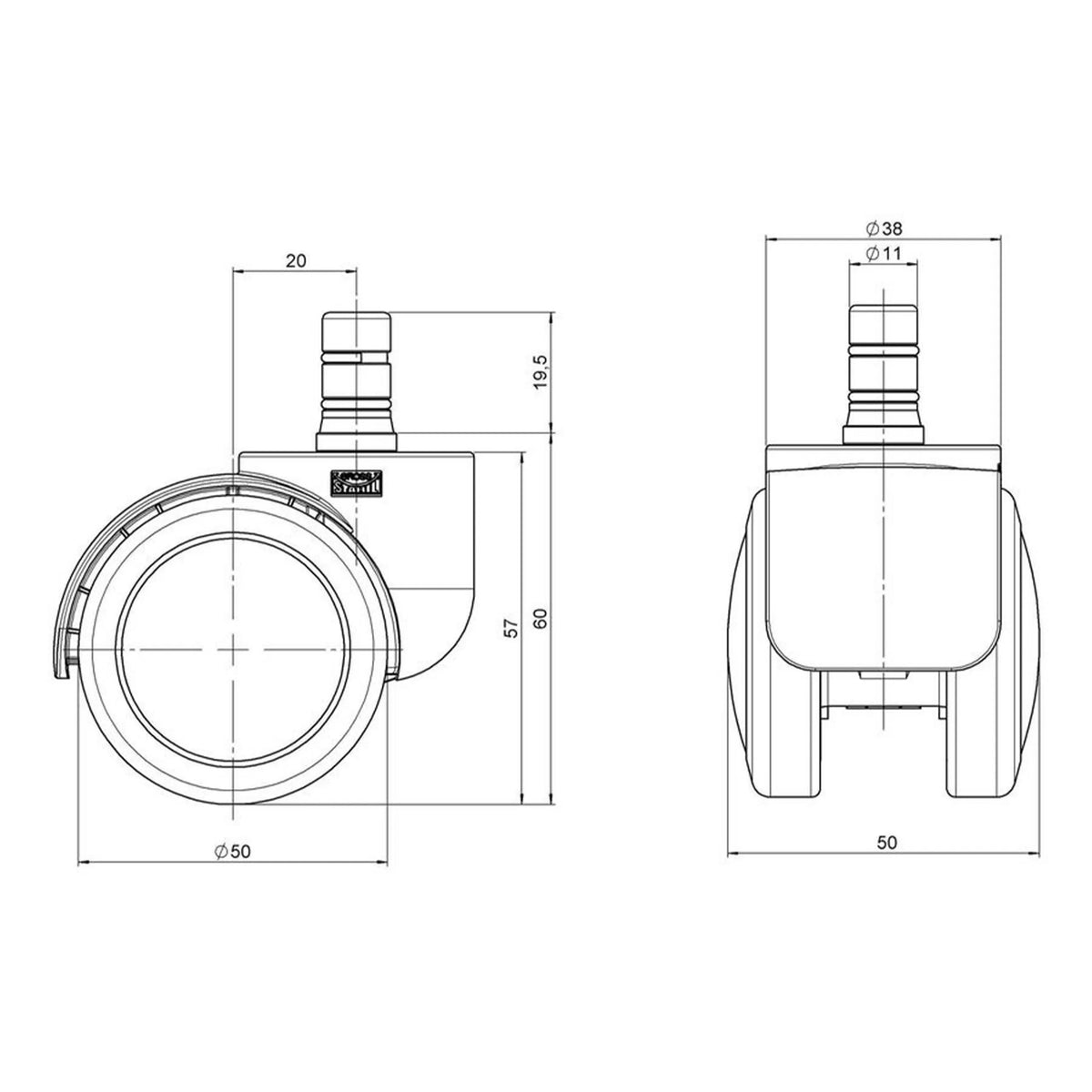 Technical drawing of the 5x ROLO No-Noise 11mm/50mm castors with an outer diameter of 50 mm by hjh OFFICE