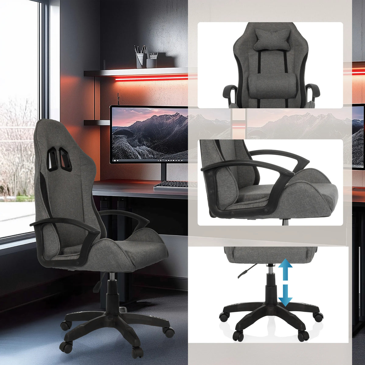 Grey Gaming chair GAMEBREAKER W01 with headrest, armrests and height-adjustable base by MyBuero