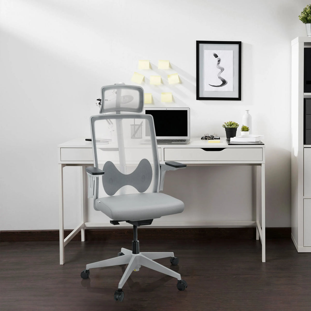Grey Professional Office Chair ARCEO W with mesh backrest and headrest in front of a desk by hjh OFFICE