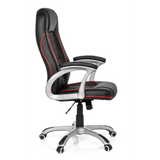 Black Gaming chair RELAX AB100 with red decorative stitching, quilting and five-caster base by MyBuero – 360-degree view (side profile 80°)