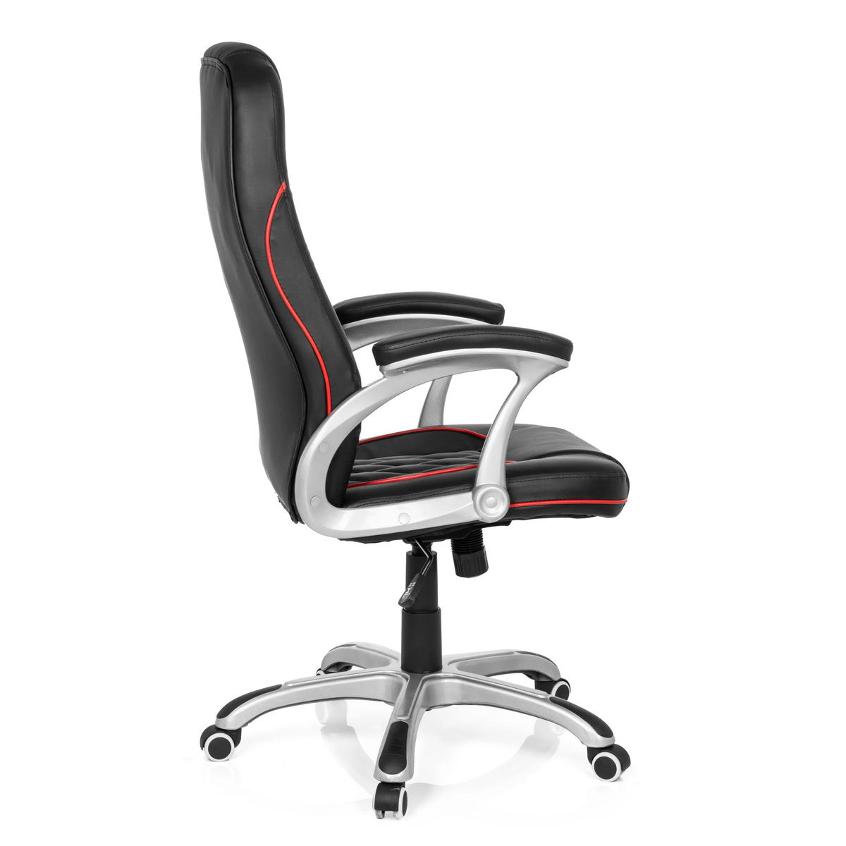 Black Gaming chair RELAX AB100 with red decorative stitching, quilting and five-caster base by MyBuero – 360-degree view (side profile 100°)