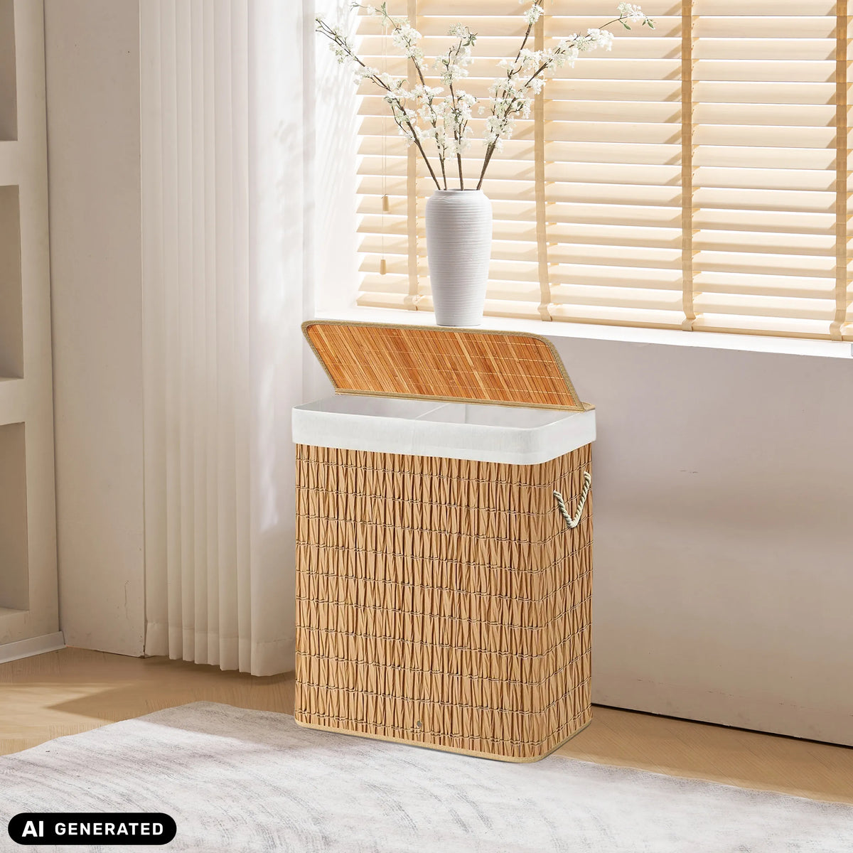 Brown FALSTER XL R wicker laundry basket with white inner bag and lid by hjh LIVING (AI-generated image)