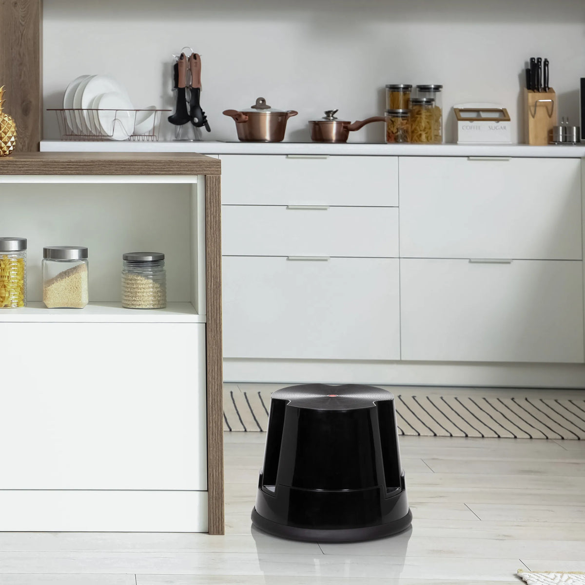 Black TIO-S step stool in front of white kitchen cabinets by hjh OFFICE