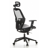 Black Professional Office ChAIR-PORT with mesh back, leather seat and five-caster base by hjh OFFICE – 360-degree view (rear three-quarter view 120°)