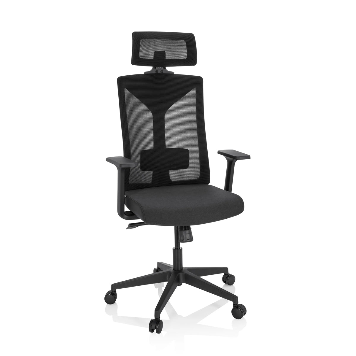 Black Professional Office Chair KODIAK with mesh back, headrest and five-caster base by hjh OFFICE – 360-degree view (front view 20°)