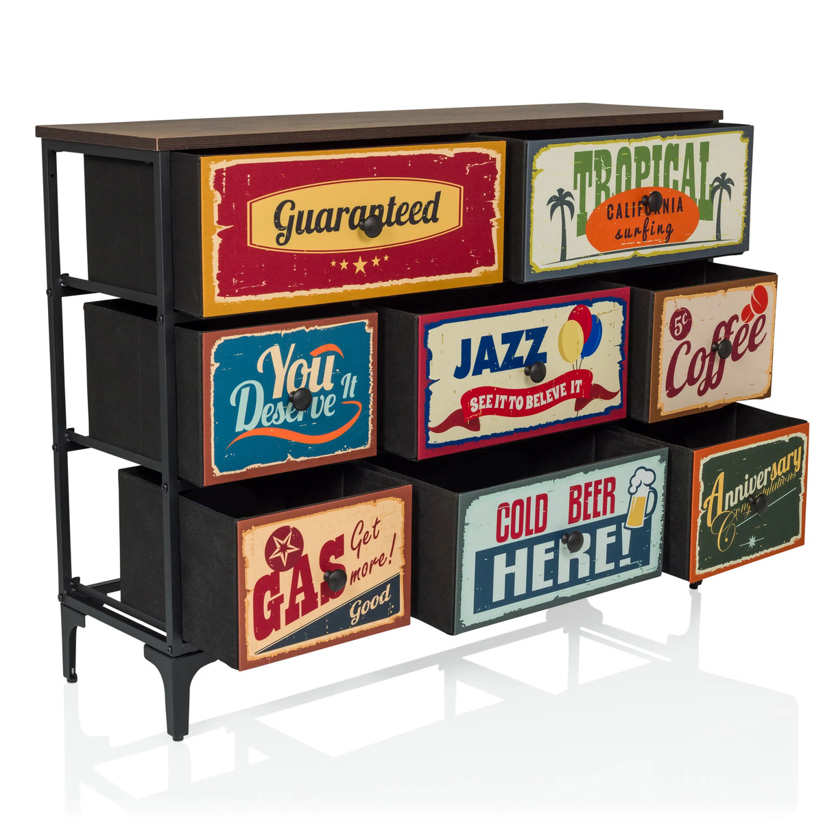 AMERIKO B chest of drawers with six colourful vintage-look drawers and a black metal frame by hjh LIVING