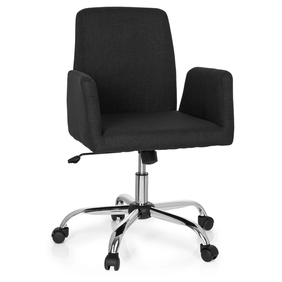 Black Home Office Chair FLOW with armrests and glossy five-caster base by hjh OFFICE – 360-degree view (front view 20°)