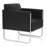Black upholstered armchair ARUBA STEP with diamond stitching and silver-coloured frame by hjh OFFICE – 360-degree view (front three-quarter view 60°)