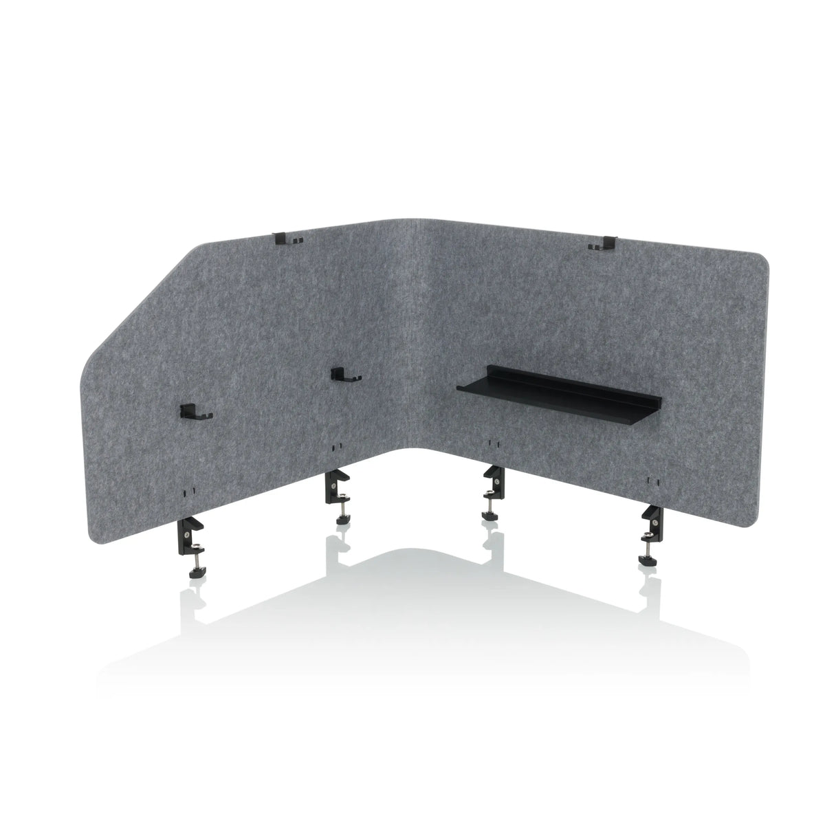 Grey Table partition FLEXMIUT T TOP with integrated shelf and mounting clamps by hjh OFFICE – 360-degree view (front view 0°)