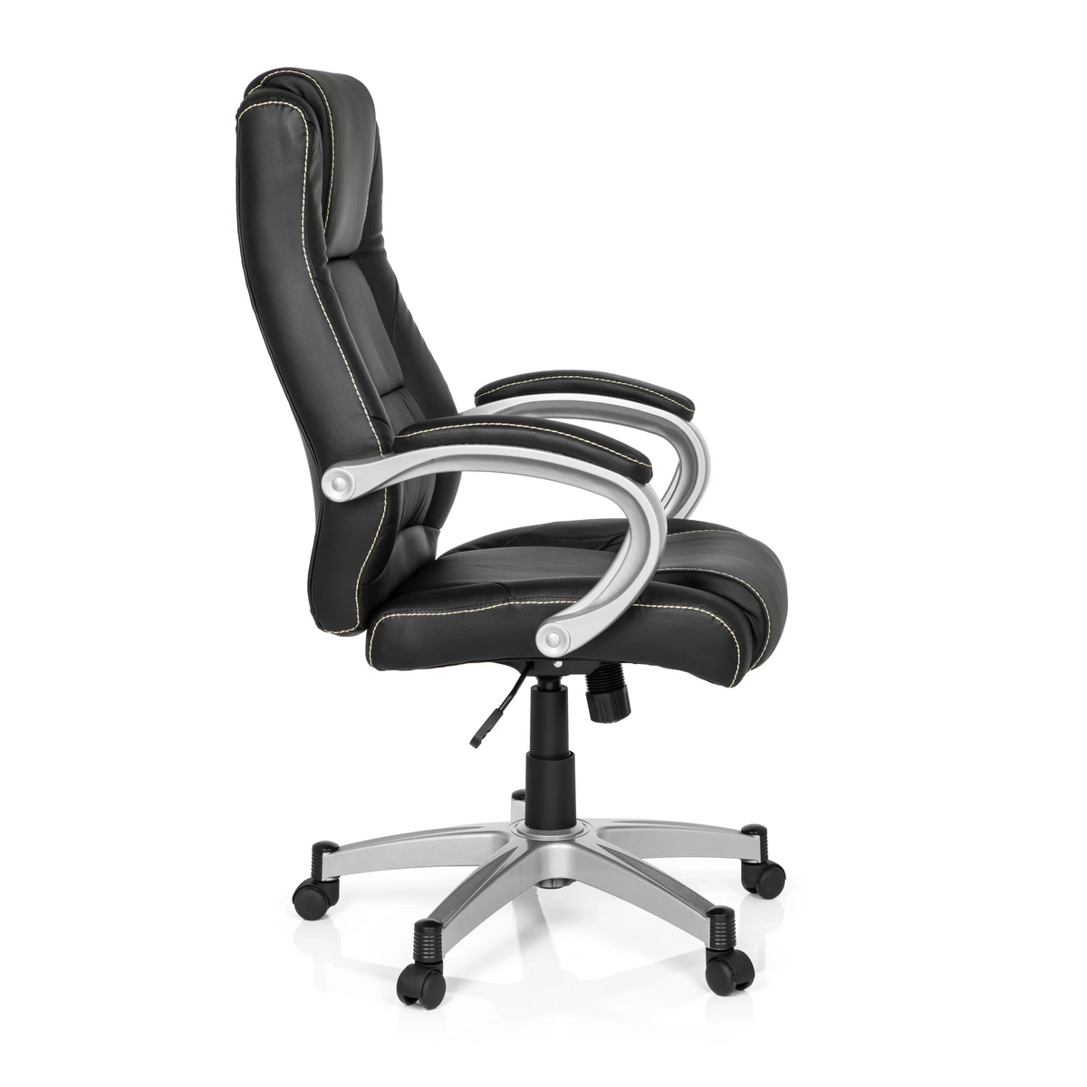 Black Gaming chair RELAX CL180 with padding and five-caster base by MyBuero – 360-degree view (side profile 80°)
