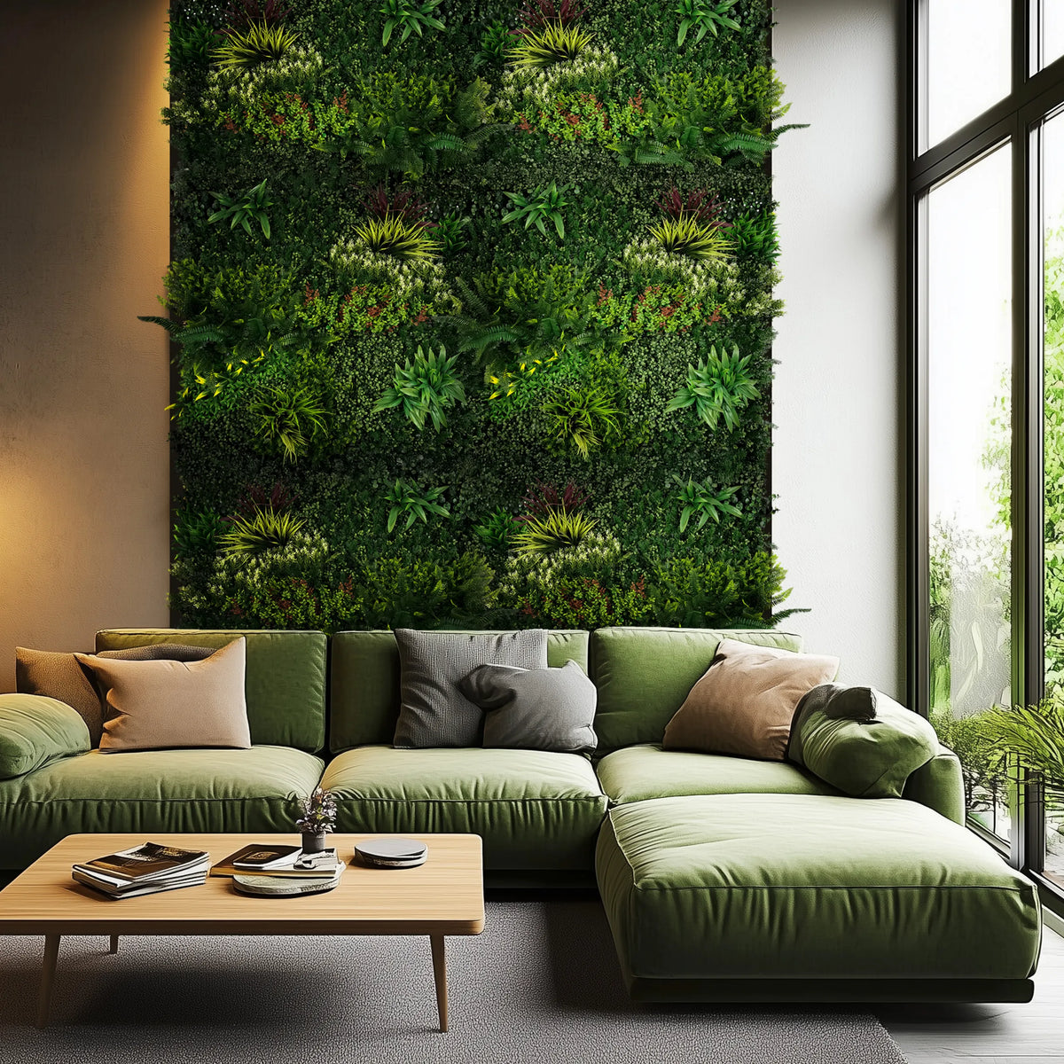 Green plant mat LEAFLUXE 3D as vertical wall greenery in a living room by hjh LIVING