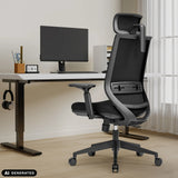 Black Professional Office Chair Profondo F with headrest and mesh back at a desk by hjh OFFICE (AI-generated image)
