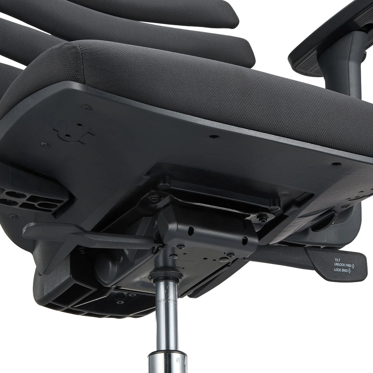 Underside of the seat with adjustment levers of the ERGO LINE II Professional Office Chair in black by hjh OFFICE