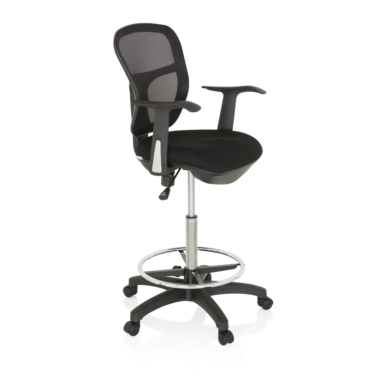Black Counter chair TOP WORK 108 with mesh back, foot ring and five-caster base by hjh OFFICE – 360-degree view (front three-quarter view 60°)