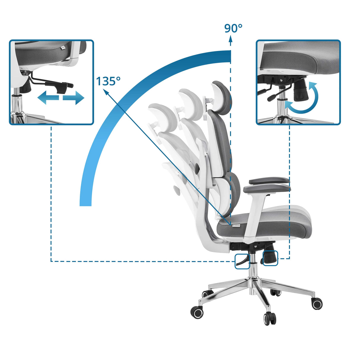 Adjustable backrest of the Professional Office Chair Ergomy WF 2 with a tilt angle from 90° to 135° by hjh OFFICE