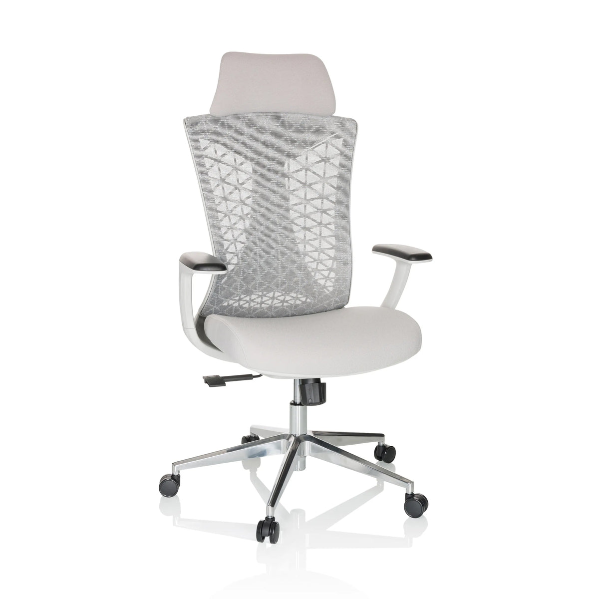 Grey Professional Office Chair FALEO W with mesh back and five-caster base by hjh OFFICE – 360-degree view (front view 15°)