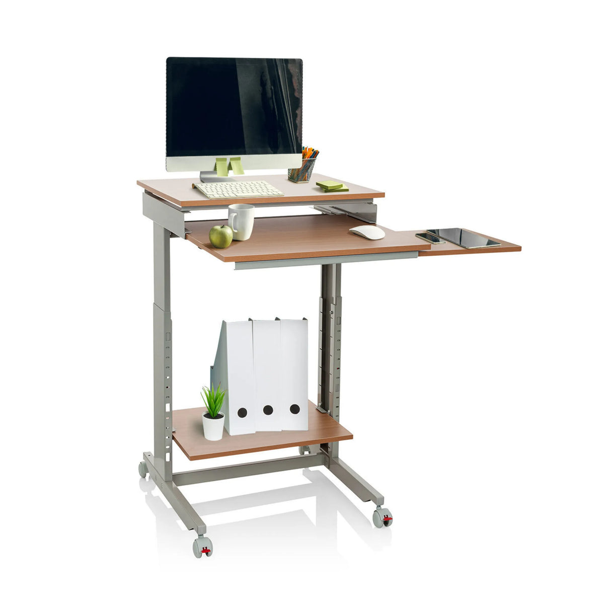 Standing desk WORKSTATION in beech and grey with two levels, storage compartment and castors by hjh OFFICE